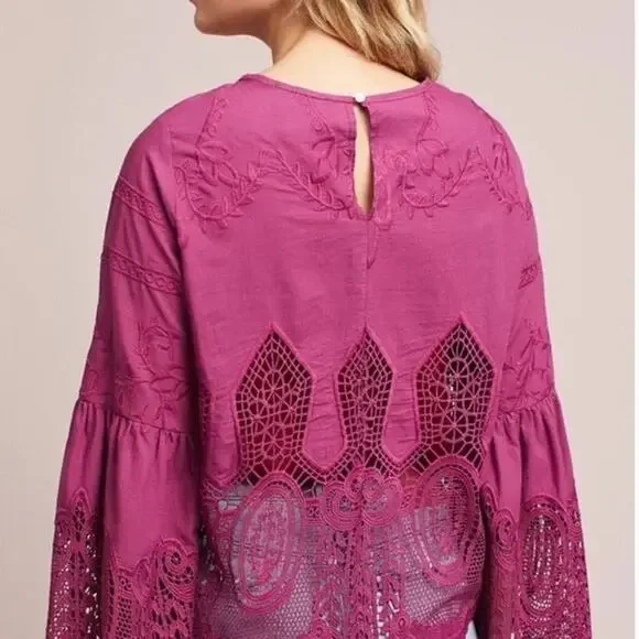 CHLOE OLIVER Anthropologie Lace Embroidered Bell Sleeve Blouse Size Small - Picture 3 of 9
